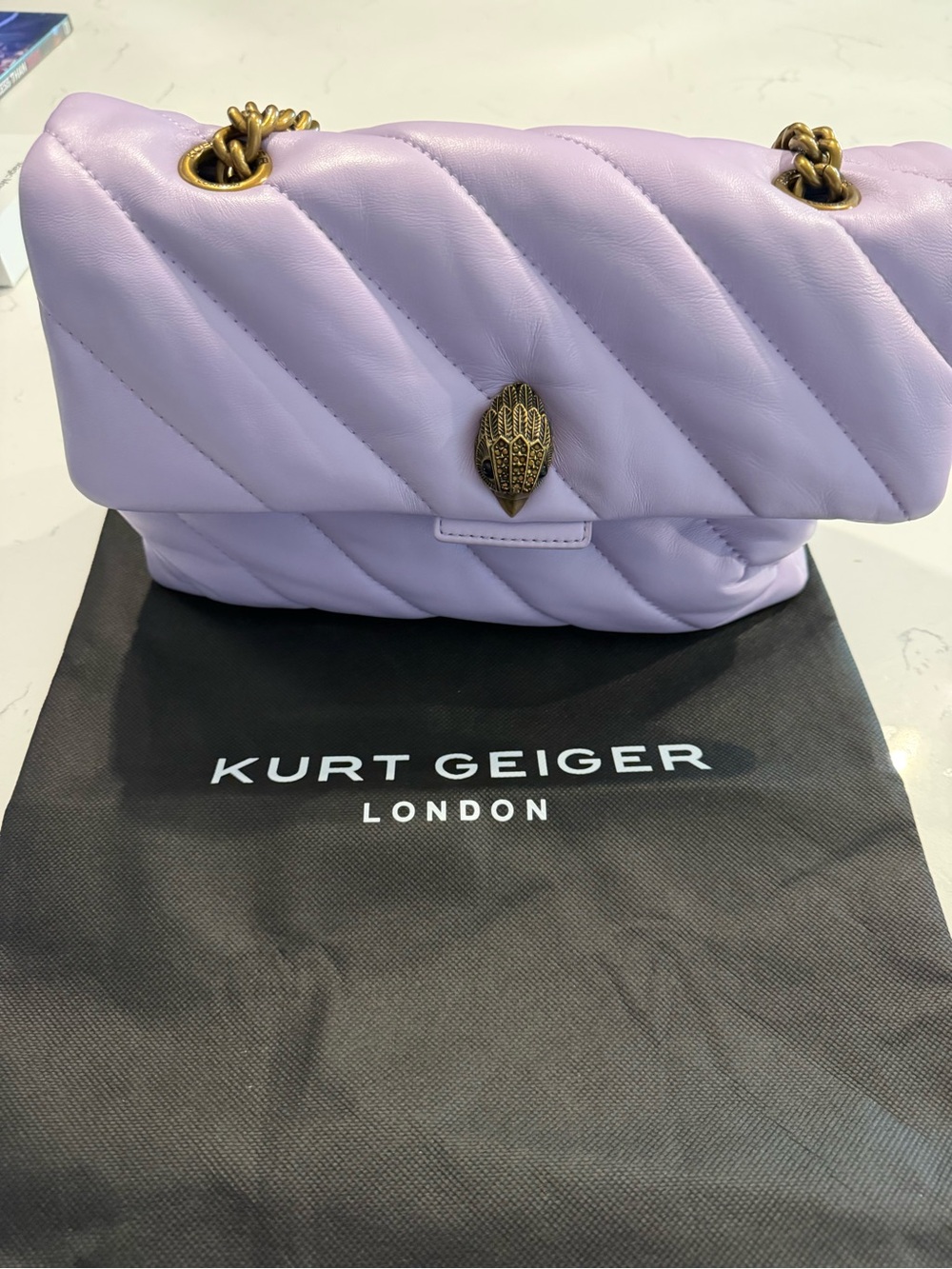 Kurt Geiger Lavender Quilted Shoulder Bag with Antique Gold Hardware